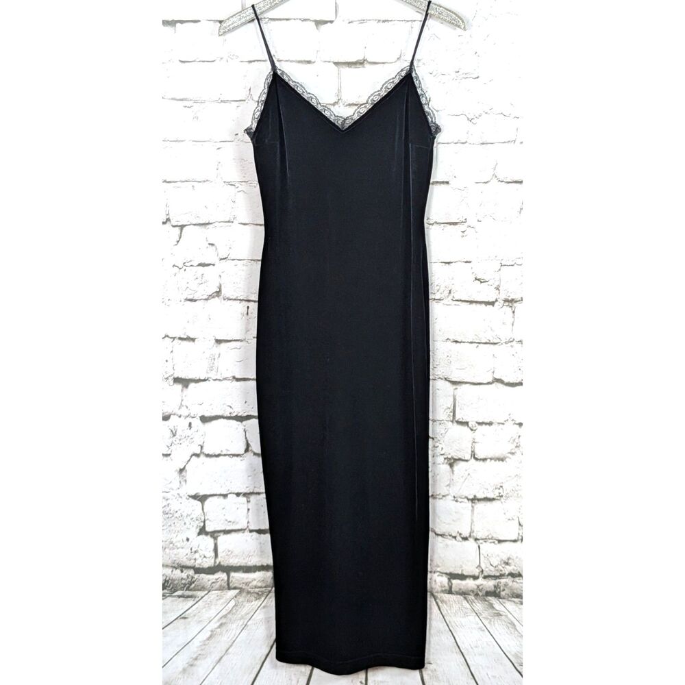 VINTAGE Y2K 90s Black Stretch Velvet Maxi Slip Dress Vamp Goth Dark Romance Med